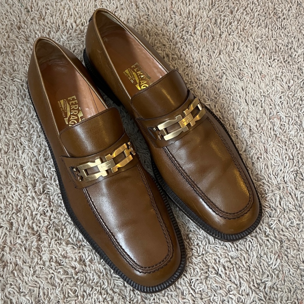 Salvatore Ferragamo Brown/Green Loafers with Gold Hardware